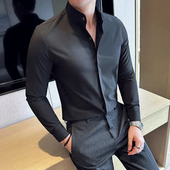 Mens Standing Collar Shirt Long Sleeved 2024 Autumn New Solid Color