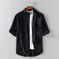 Cotton Linen Cropped Short Sleeved Shirt for Men's 2024 Summer Loose