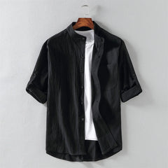 Cotton Linen Cropped Short Sleeved Shirt for Men's 2024 Summer Loose