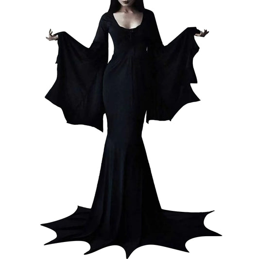 Witchy Costume Morticia Addams Wednesday Train Floor Dress Women