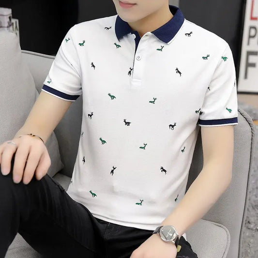 Fashion Lapel Button All-match Printed Polo Shirts Men Clothing 2024