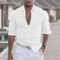 New Men Casual Cotton Linen Shirts Turn-down Collar Solid Color Long