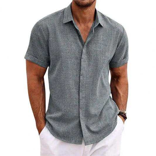 Comfortable Men Shirt Men Flax Shirt Stylish Men's Lapel Short Sleeve