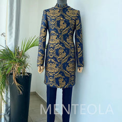 Elegant Floral Suits for Men Jacquard Long Jacket Pants with Stand