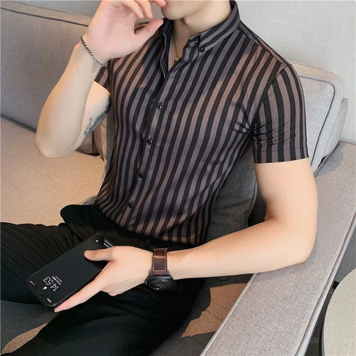 2023 Spring Shirts Men Dress Vertical Stripe Shirts Slim Men Casual