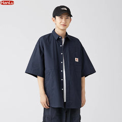 Japan Style Cargo Shirts Men Summer  Pure Cotton Loose Casual Pocket