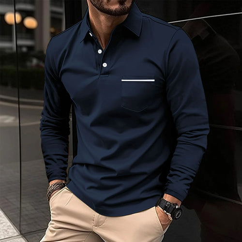 2024 men's spring long sleeve pocket T-shirt Casual business buckle