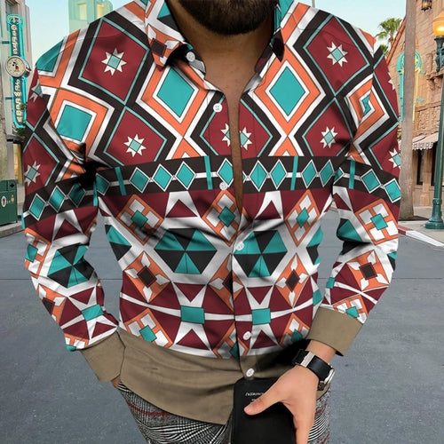 Social Fashion Men Shirts Casual  Buttoned Shirt Aztec Ethnic Print