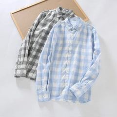 Men Clothing 2022 Autumn New Japanese Style Fresh Plaid Long-sleeved