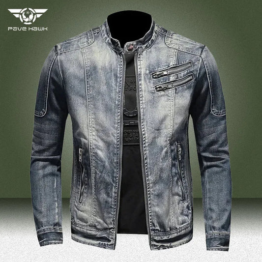 Military Denim Jacket Men Spring Autumn Motorcycle Slim Fit Cowboy