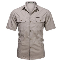 Summer Streetwear Men's Button Pure Cotton Military Polo Dress Shirt