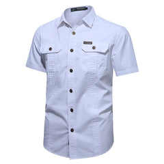 Summer Streetwear Men's Button Pure Cotton Military Polo Dress Shirt