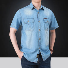 2023 Summer New Simple Polo Collar Men Denim Short Sleeve Shirt