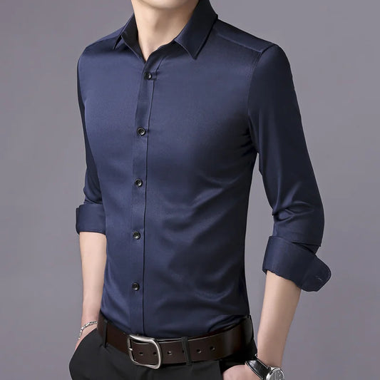 Men's Soild Slim Fit Long Sleeve Shirt Korean Fashion Youth Business