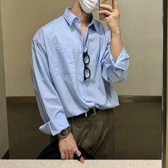 Korean Fashion Men High-end Light Blue Shirt Men Summer Solid Color