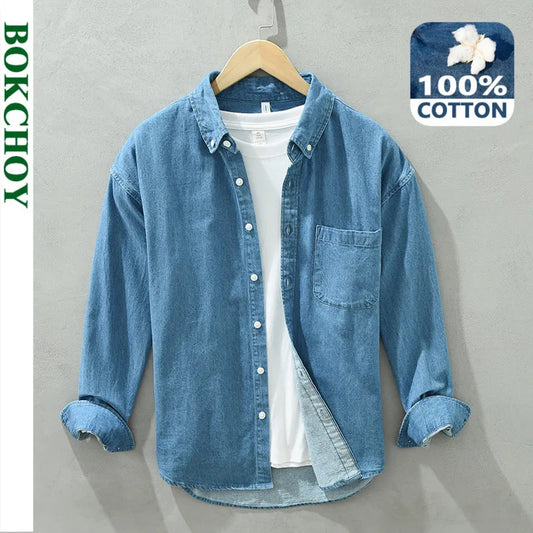 Autumn Winter New Fresh Long Sleeve Denim Shirt Trendy Men's Casual