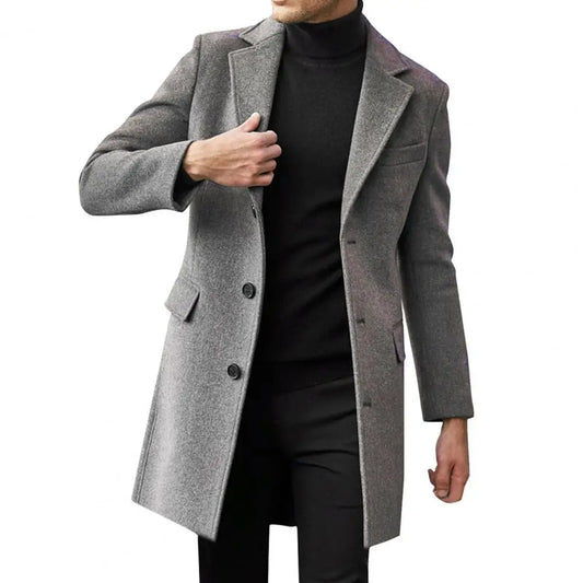 Solid Color Lapel Coat Men's Winter Lapel Suit Coat with Flap Pockets