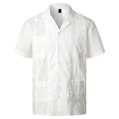 Embroidery Patchwork Shirts for Men Multi-Pocket Mens Casual Short