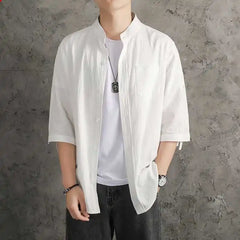 Cotton Linen Cropped Short Sleeved Shirt for Men's 2024 Summer Loose