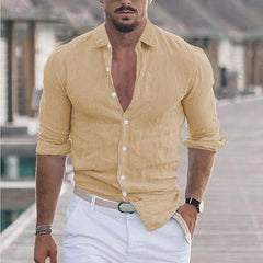 New Men Casual Cotton Linen Shirts Turn-down Collar Solid Color Long