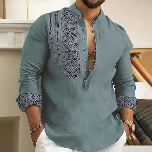 Spring Fall Men Shirt Vintage Ethnic Style Stand Collar Men Top Half