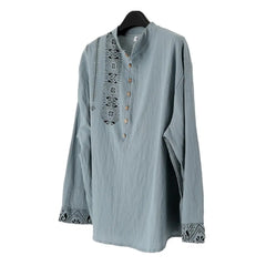 Spring Fall Men Shirt Vintage Ethnic Style Stand Collar Men Top Half