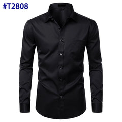 Black Bamboo Fiber Shirt Men Casual Slim Fit Mens Dress Shirts Solid