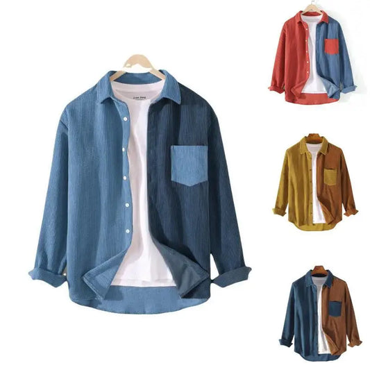 Spring Autumn Cargo Corduroy Men Long Sleeve Casual Pocket Patchwork