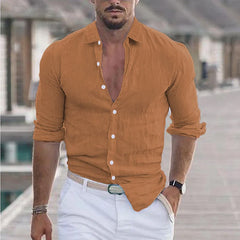 2024 Elegant men's solid color cotton linen long sleeve shirt lapel