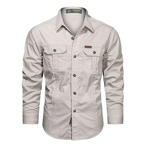 New Autumn Military Style Cotton Pocket Shirt for Men Solid Color Slim