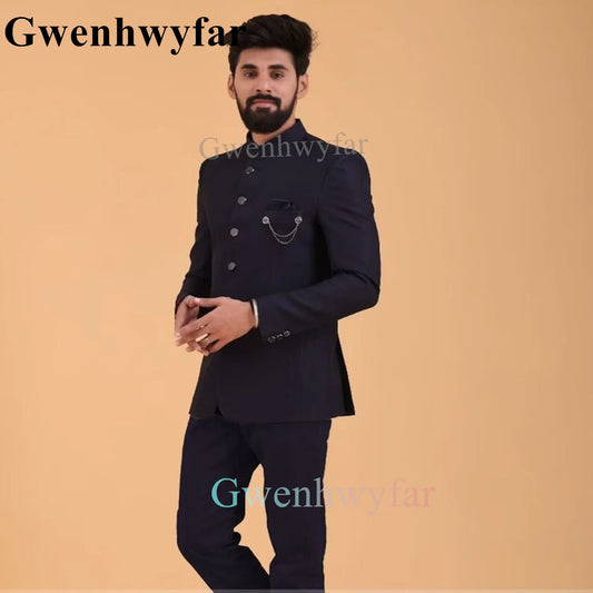 Gwenhwyfar New Indian Style Black Mens Suits With Pant Stand Collar