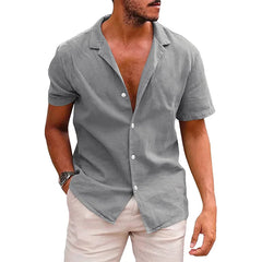 Cotton Linen Hot Sale Men's Short-Sleeved Shirts Summer Solid Color