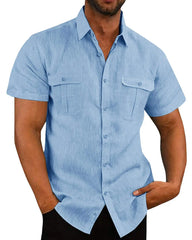 2023 Men Short-Sleeved Shirts Summer Solid Color Stand-Up Collar