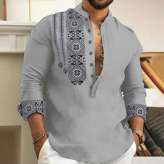 Men Long Sleeve Button-Down Shirt Blouse Loose Henley V-Neck Beach