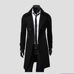 Mens Double Breasted Trench Coat Wool Blend 2023 Autumn Winter Solid