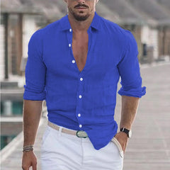 2024 Elegant men's solid color cotton linen long sleeve shirt lapel