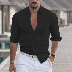 2024 Elegant men's solid color cotton linen long sleeve shirt lapel