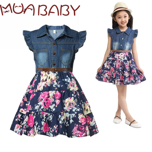 Summer Denim Dress Belted Above Knee Floral Bottom Girls Casual Frock