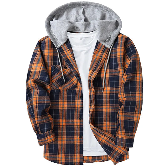 Spring Autumn Men's Checkered Shirt Hooded Flannel Warm Fashion Luxury