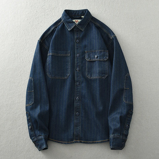 Vintage washed vertical stripe denim shirt men's loose large size