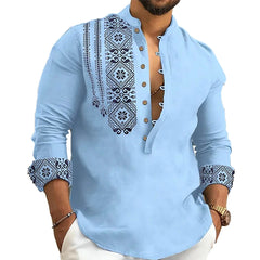 Men Long Sleeve Button-Down Shirt Blouse Loose Henley V-Neck Beach