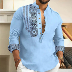 Men Long Sleeve Button-Down Shirt Blouse Loose Henley V-Neck Beach