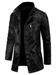 Oumor Men Autumn Fashion Long Warm Pocket Leather Jacket Coat Men