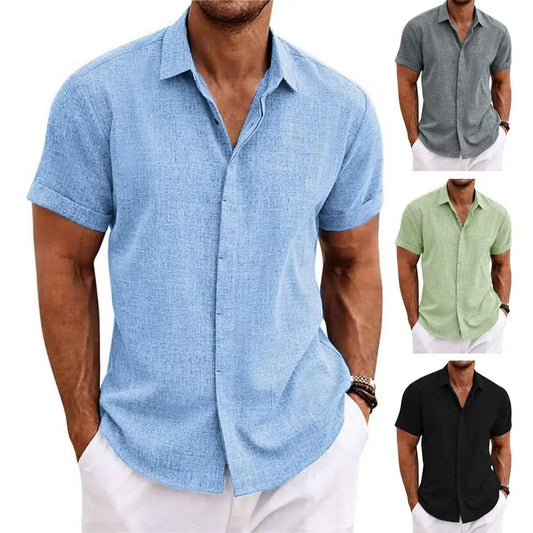 Comfortable Men Shirt Men Flax Shirt Stylish Men's Lapel Short Sleeve