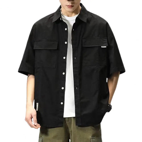 Men Cargo Shirt Hip-hop Turn-down Collar Short Sleeves Single-breasted