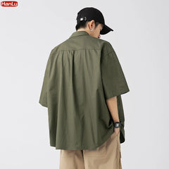 Japan Style Cargo Shirts Men Summer  Pure Cotton Loose Casual Pocket