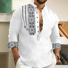 Men Long Sleeve Button-Down Shirt Blouse Loose Henley V-Neck Beach