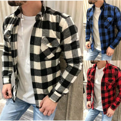 Autumn Casual Plaid Flannel Shirt Men Long-Sleeved Chest Two Pocket