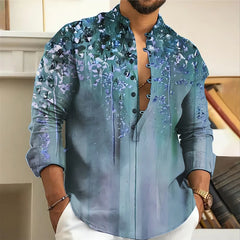 Men Long Sleeve Button-Down Shirt Blouse Loose Henley V-Neck Beach