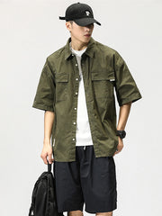 Summer Japanese Cargo Short Sleeve Shirt Men's Pockets Button